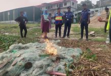 সোনারগাঁওয়ে মেঘনায় অভিযান ১লাখ ৪০ হাজার মিটার কারেন্ট জাল জব্দ